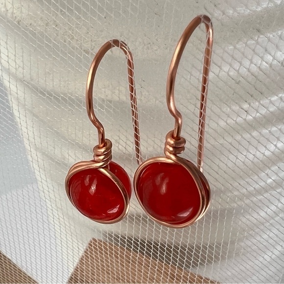 Red Jade and Copper Wire Wrapped Minimalist Earrings - Picture 3 of 13